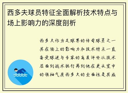 西多夫球员特征全面解析技术特点与场上影响力的深度剖析