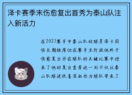 泽卡赛季末伤愈复出首秀为泰山队注入新活力