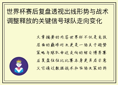 世界杯赛后复盘透视出线形势与战术调整释放的关键信号球队走向变化