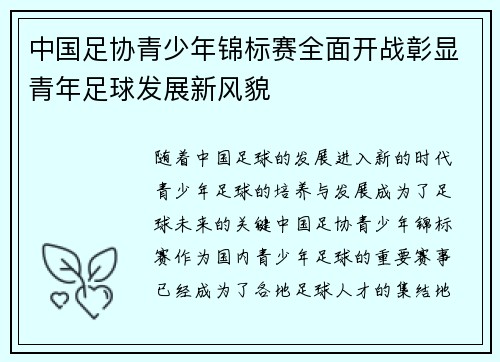 中国足协青少年锦标赛全面开战彰显青年足球发展新风貌